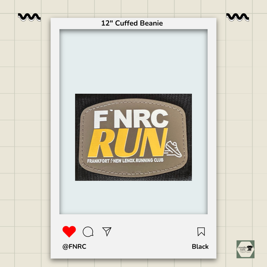 Close up view of the FNRC Run design in white and gold, framed by a product display border.