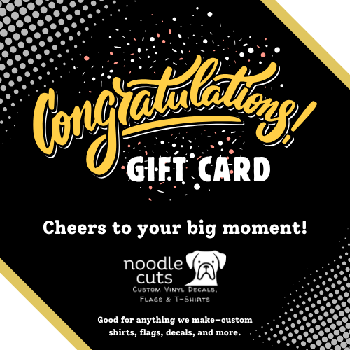 Noodle Cuts gift card with 'Congratulations!' text and 'noodle cuts' branding on a black background with gold accents.