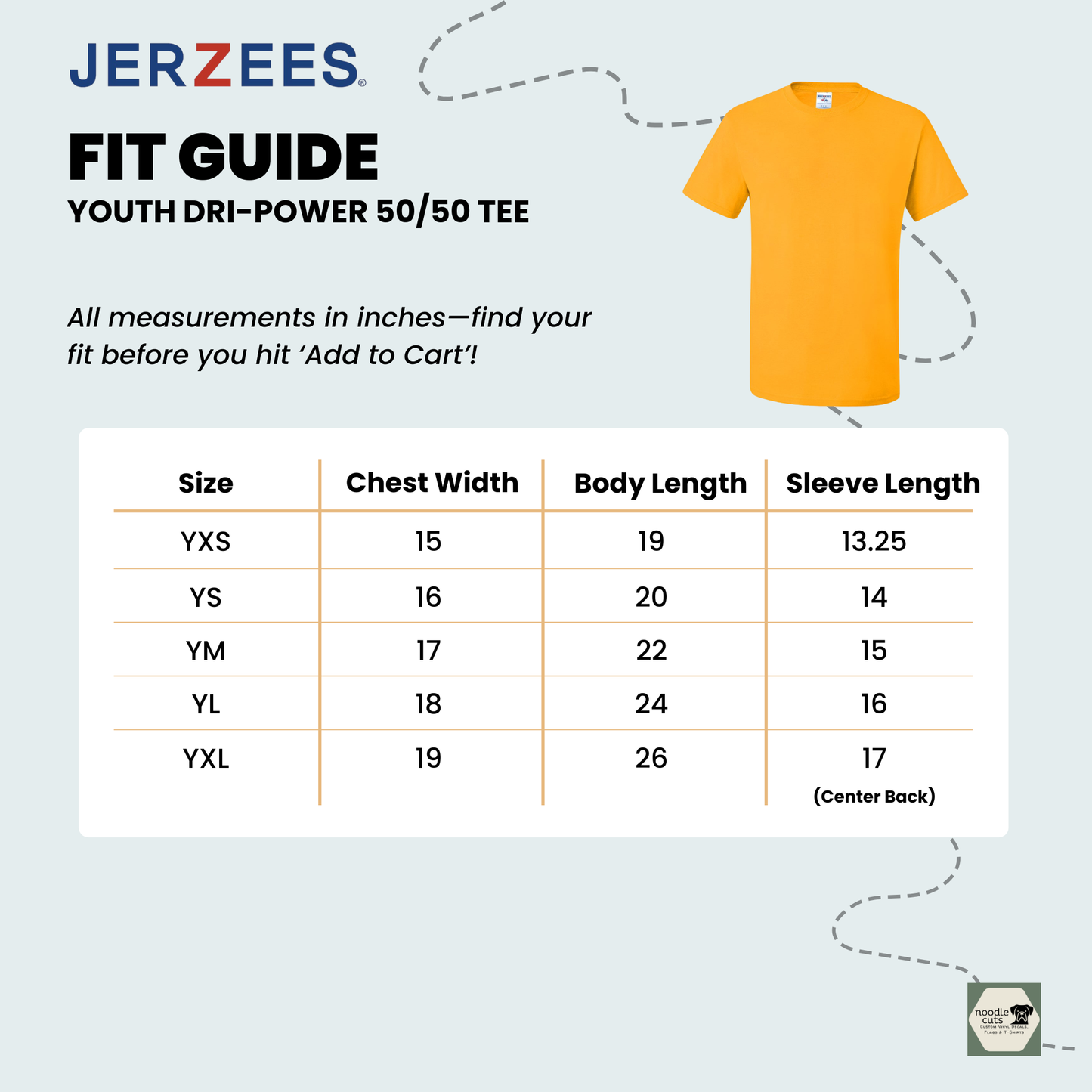 Jerzees Dri-Power 50/50 Youth Unisex Tee fit guide with size chart on a light biue background.