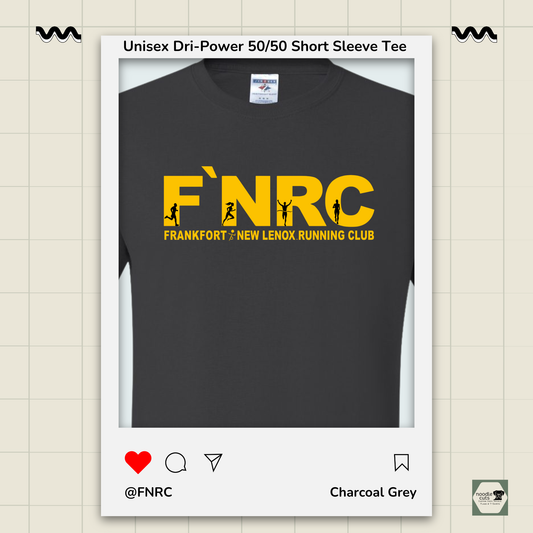 Close up view of the charcoal grey Jerzees Dri-Power 50/50 Unisex Tee with the FNRC Signature Logo design, framed by a product display border.