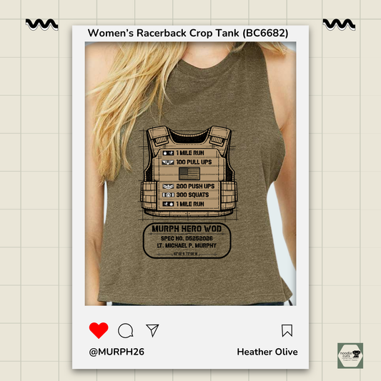 Close-up of Murph 2026 Vest tribute artwork on Heather Olive Bella Canvas racerback tank