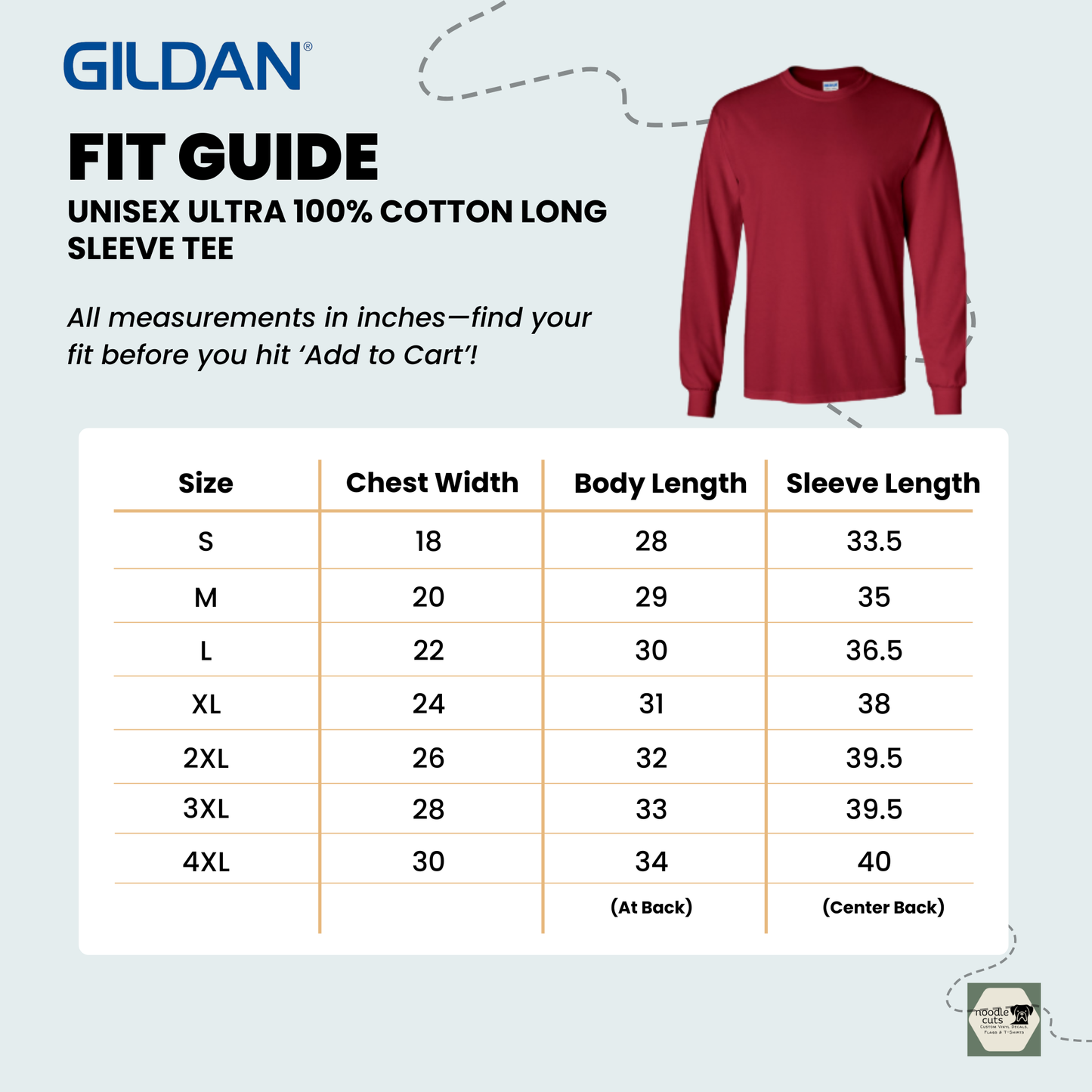 Unisex Ultra Cotton® Long Sleeve Tee fit guide with size chart on a light biue background.