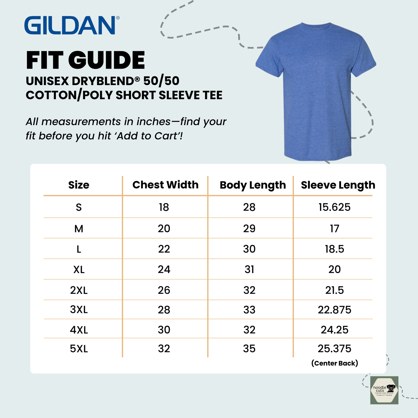 Gildan fit guide for a unisex dryblend 50/50 cotton/poly short sleeve tee with a blue t-shirt illustration.