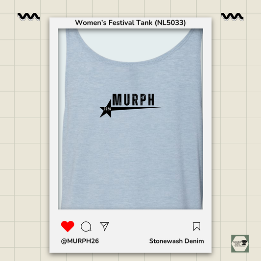 Back of a Stonewash denim tank top with 'MURPH' logo on a beige grid background