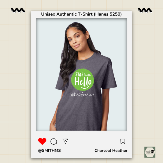 A charcoal heather gray t-shirt with a green circular graphic that reads 'START with Hello' and '#beafriend' in white text, modeled by a woman. The image is presented in a social media post style frame with the text 'Unisex Authentic T-Shirt (Hanes 5250)' at the top and 'Charcoal Heather' at the bottom.