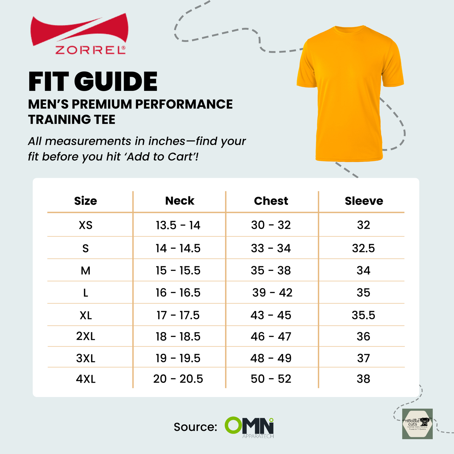 Zorrel men's Vegas II premium performance training tee fit guide with size chart and orange t-shirt on gray background