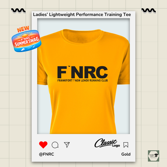 Ladies FNRC Classic logo Boston-W performance training tee in black gold and platinum, women’s athletic fit moisture-wicking Zorrel shirt