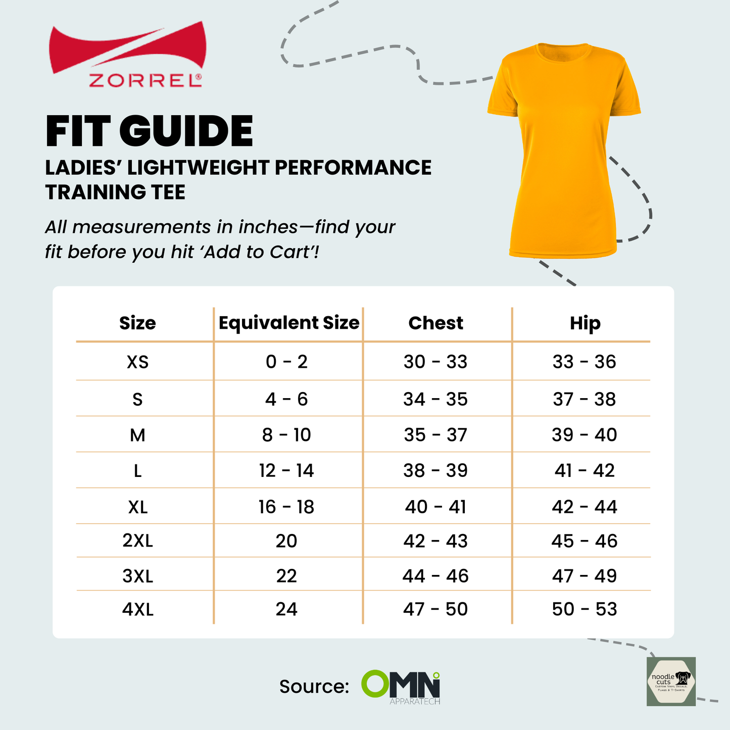 Fit guide for Zorrel ladies' Boston-W lightweight performance training tee with size chart and gold t-shirt illustration.