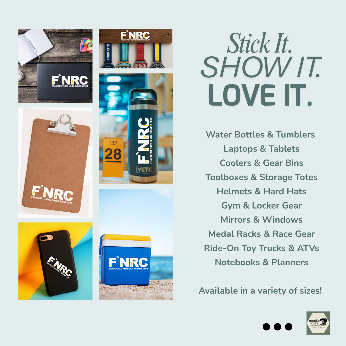 Rebranded FNRC logo in vibrant white and gold design available as a UV DTF sticker. Shown on clip board, cooler, tumbler, race medal display, and laptop. Stick it. Show it. Love it. Available in a variety of sizes.