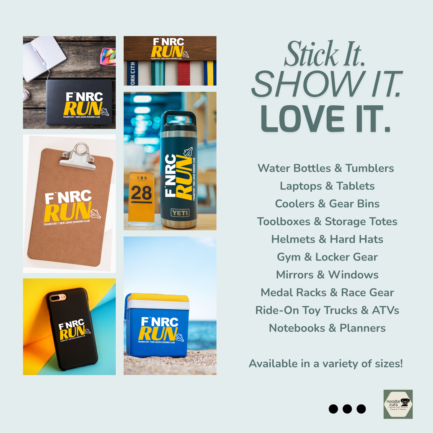 Rebranded FNRC logo in vibrant white and gold design available as a UV DTF sticker. Shown on clip board, cooler, tumbler, race medal display, and laptop. Stick it. Show it. Love it. Available in a variety of sizes.