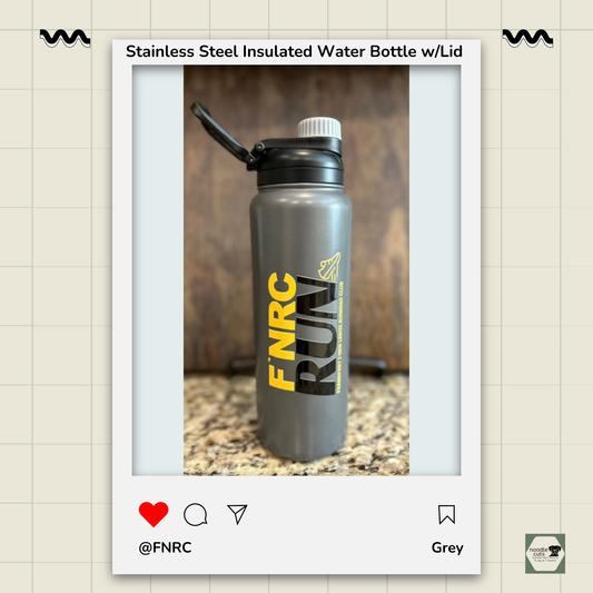 Stainless steel insulated water bottle with FNRC Run Design in black and gold, front view