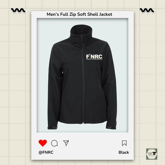 Front view of the black Men's Full Zip Soft Shell Jacket rebranded FNRC logo in white and gold, framed by a product display border.