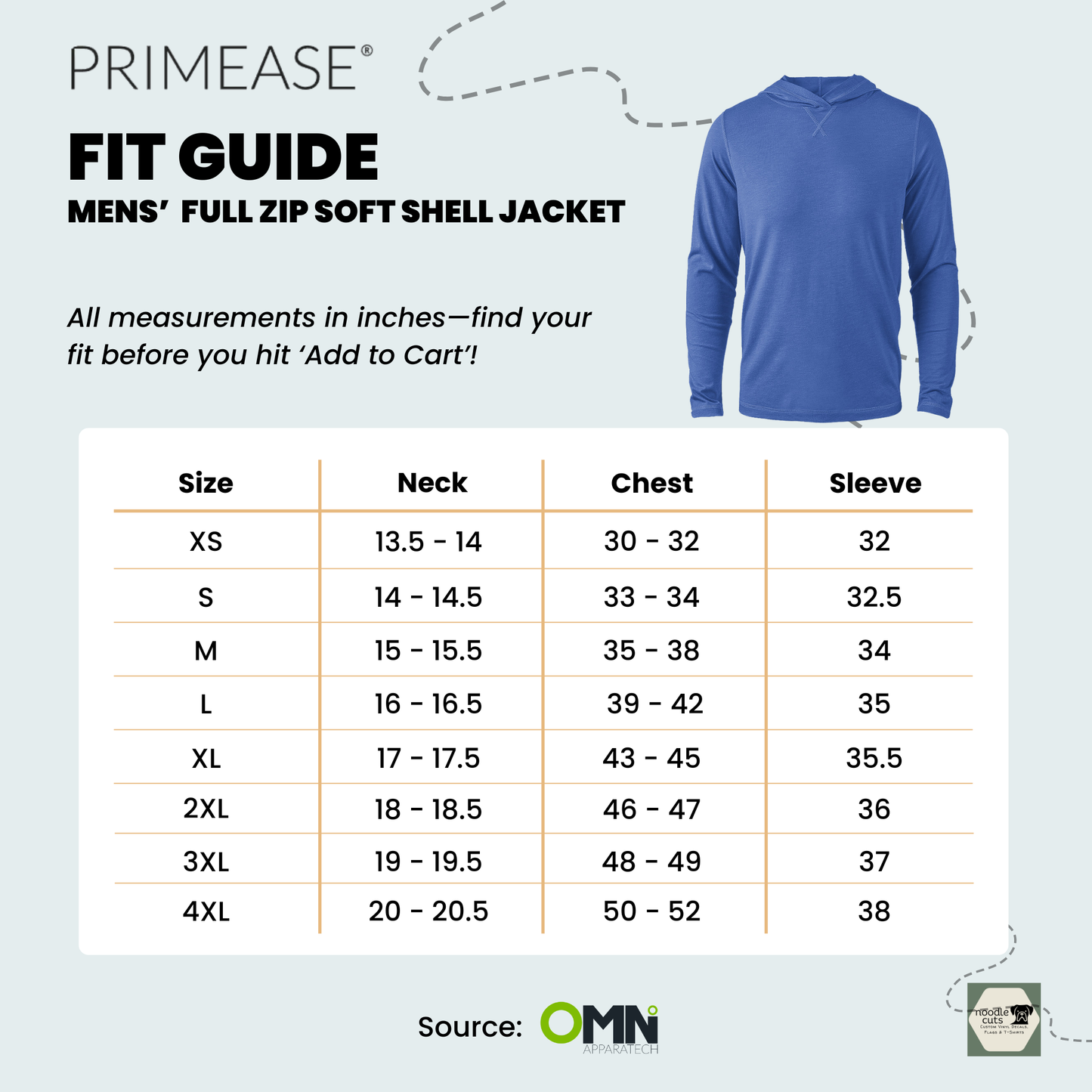 Primease Zorrel Men's Full Zip Soft Shell Jacket framed by a fit guide with size chart on a light biue background.