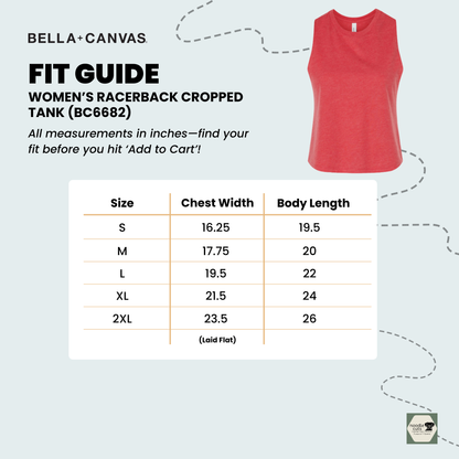 Fit guide for Bella Canvas 6682 women's racerback cropped tank with size chart and red tank top on light blue background