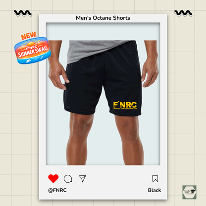 Up close view of the Augusta Men's Octane Shorts in black featuring the FNRC Signature Logo in gold and black.