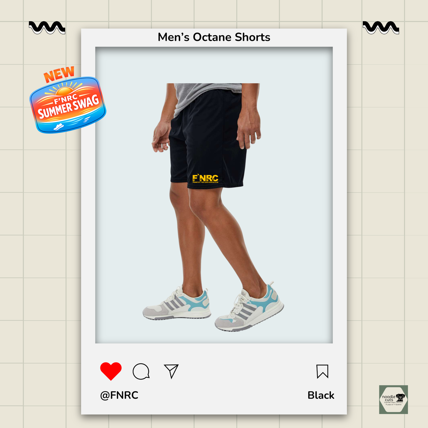 Side view of the Augusta Men's Octane Shorts in black featuring the FNRC Signature Logo in gold and black.