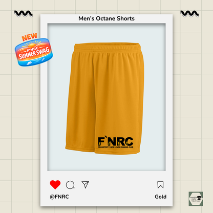 Up close view of the Augusta Men's Octane Shorts in gold featuring the FNRC Signature Logo in black and gold.