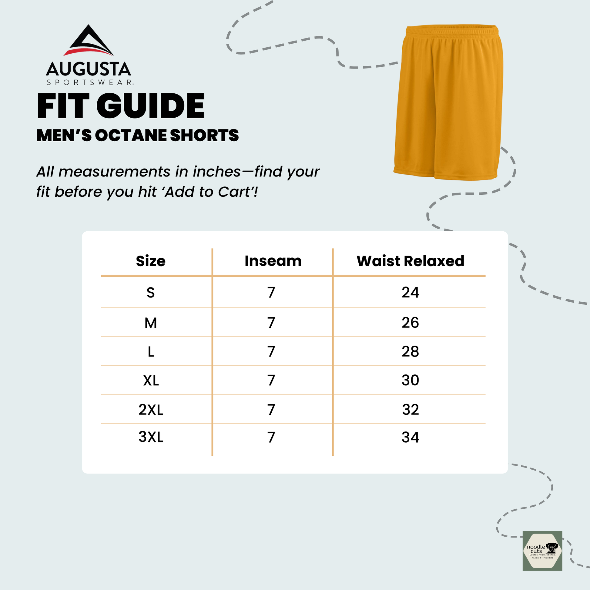Sizing fit guide for the Augusta Men's Octane Shorts available in sizes S-3XL.