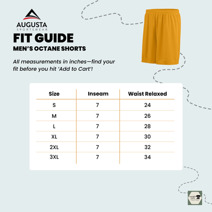 Sizing fit guide for the Augusta Men's Octane Shorts available in sizes S-3XL.