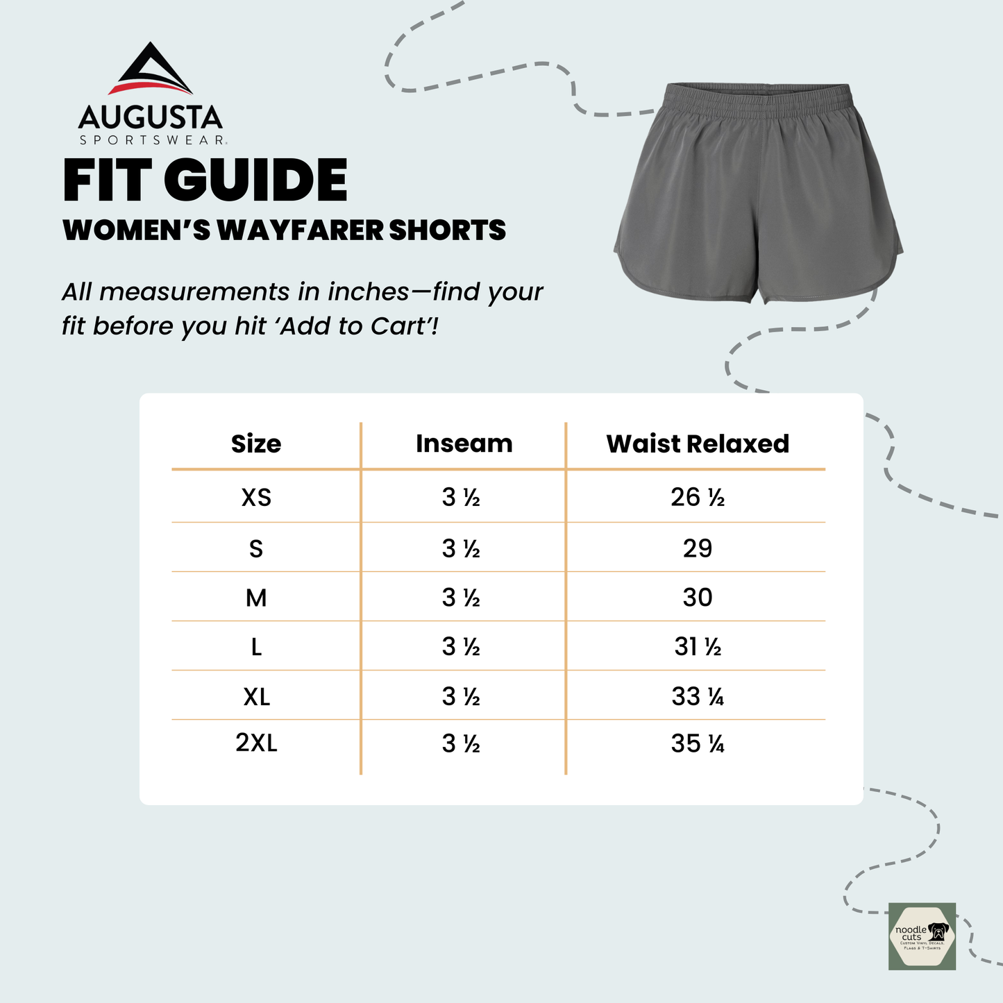 Augusta Sportswear fit guide for women's wayfarer shorts with size chart on a light gray background.