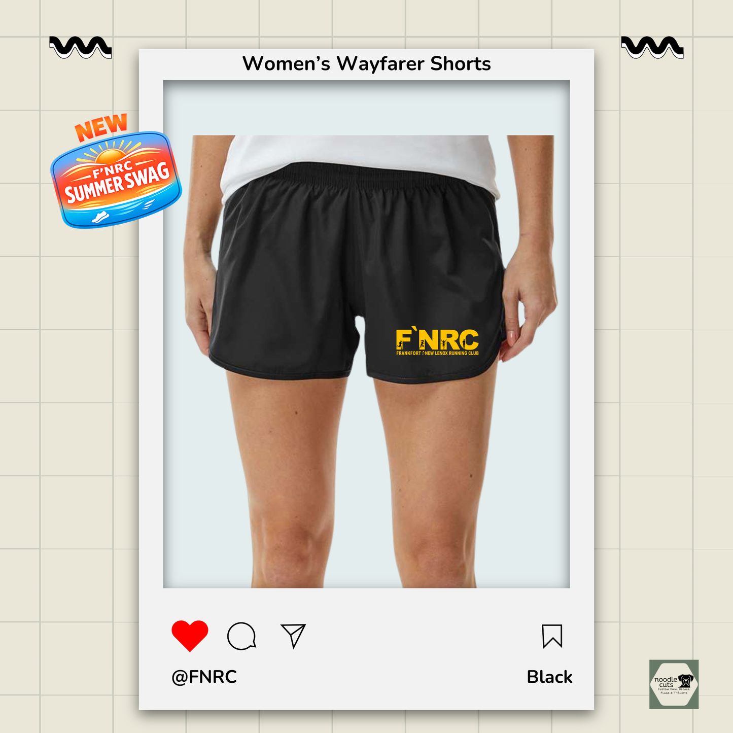 Close up view of black Augusta Women's Wayfarer running shorts featuring the FNRC Signature Logo in gold and black.