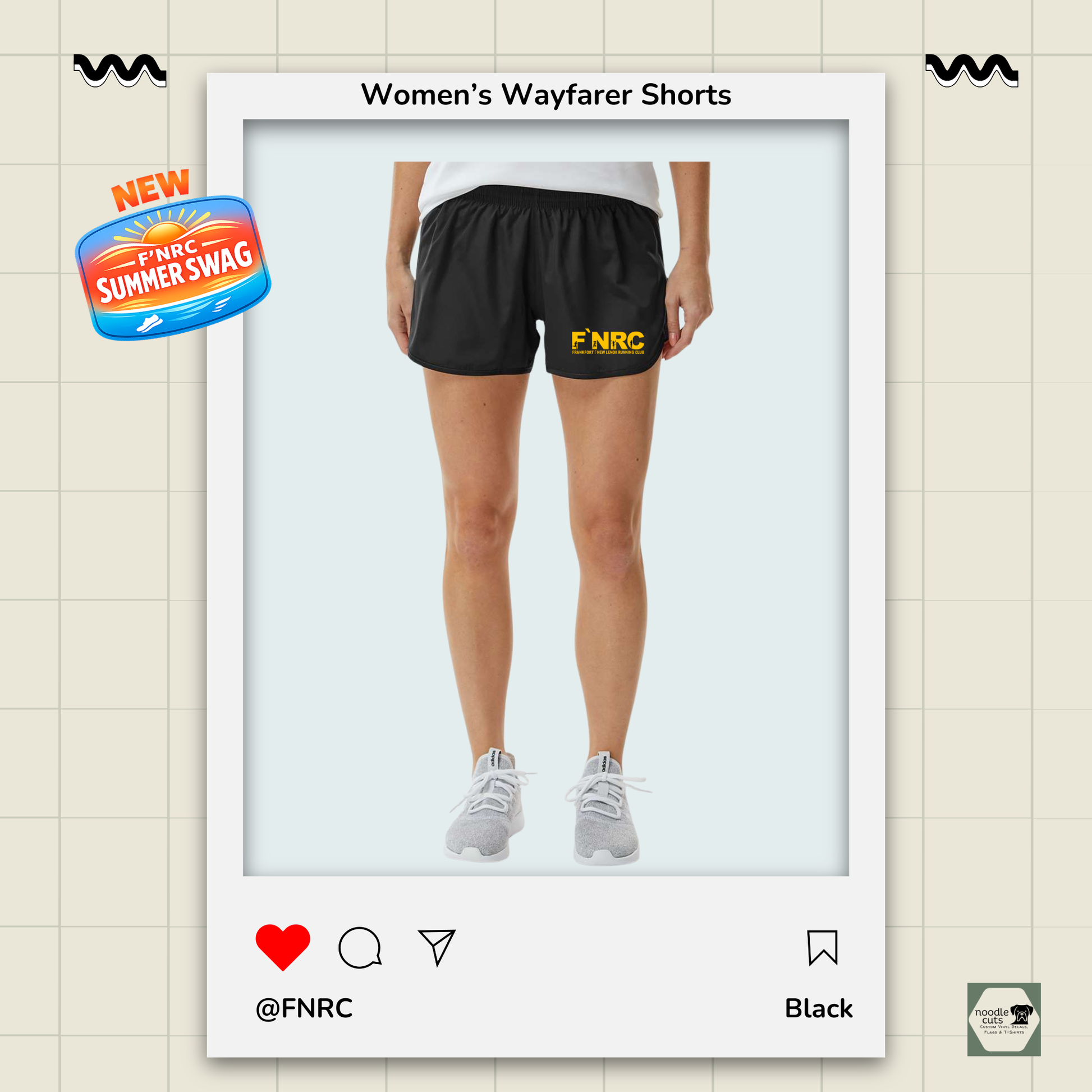 Full front view of black Augusta Women's Wayfarer running shorts featuring the FNRC Signature Logo in gold and black.