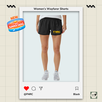 Full front view of black Augusta Women's Wayfarer running shorts featuring the FNRC Signature Logo in gold and black.