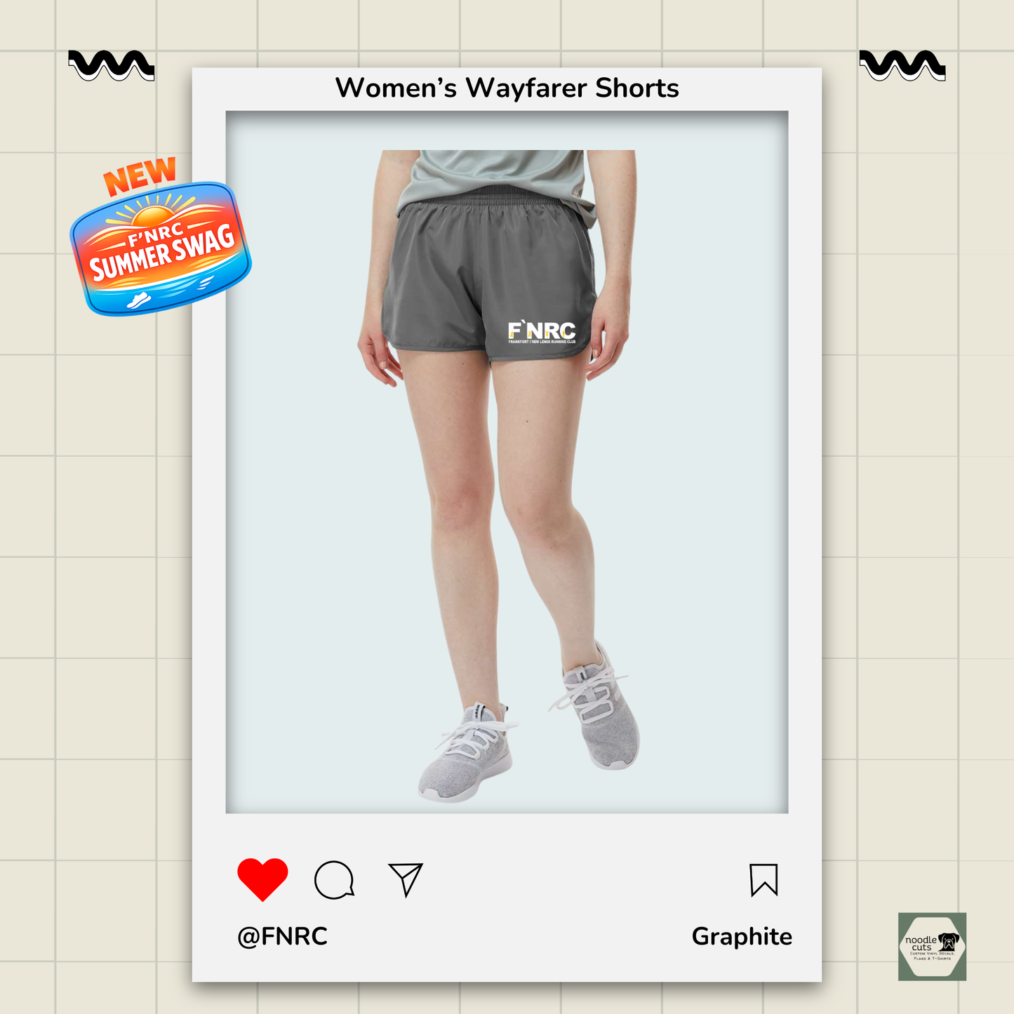 Front view of graphite Augusta Women's Wayfarer running shorts featuring the FNRC Signature Logo in white and gold.