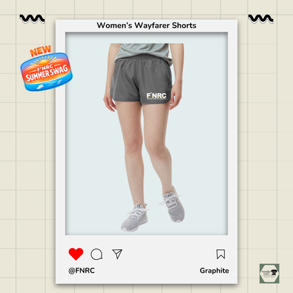 Front view of graphite Augusta Women's Wayfarer running shorts featuring the FNRC Signature Logo in white and gold.