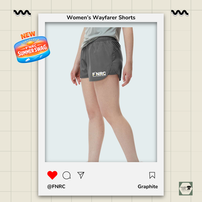 Side view of graphite Augusta Women's Wayfarer running shorts featuring the FNRC Signature Logo in white and gold.