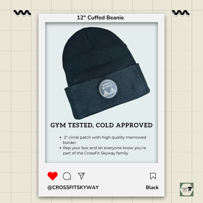 Sportsman 12" black cuffed beanie with the 2" circle CrossFit Skyway logo patch with high quality merrowed border in black and white, framed by a product display border.