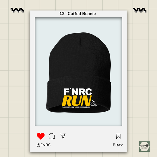Sportsman 12" black cuffed beanie with the FNRC RUN logo design in white and gold, framed by a product display border.