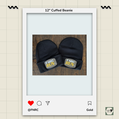 2 Sportsman 12" black cuffed beanies with the FNRC RUN logo design in white and gold, framed by a product display border.