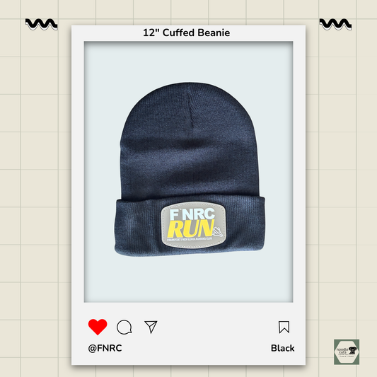 Sportsman 12" black cuffed beanie with the FNRC RUN logo design in white and gold, framed by a product display border.