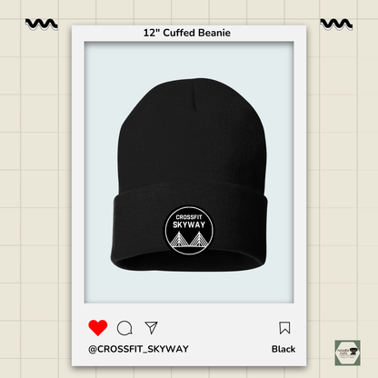 Sportsman 12" black cuffed beanie with the CrossFit Skyway logo patch in black and white, framed by a product display border.