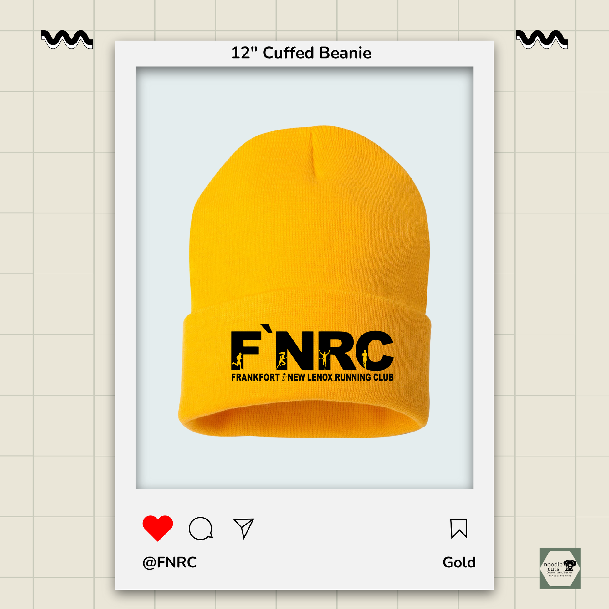 Sportsman 12" gold cuffed beanie with the rebranded FNRC logo design in black and gold, framed by a product display border.