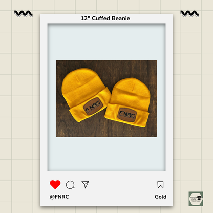 2 Sportsman 12" gold cuffed beanies with the FNRC Signature Logo design in white and gold, framed by a product display border.