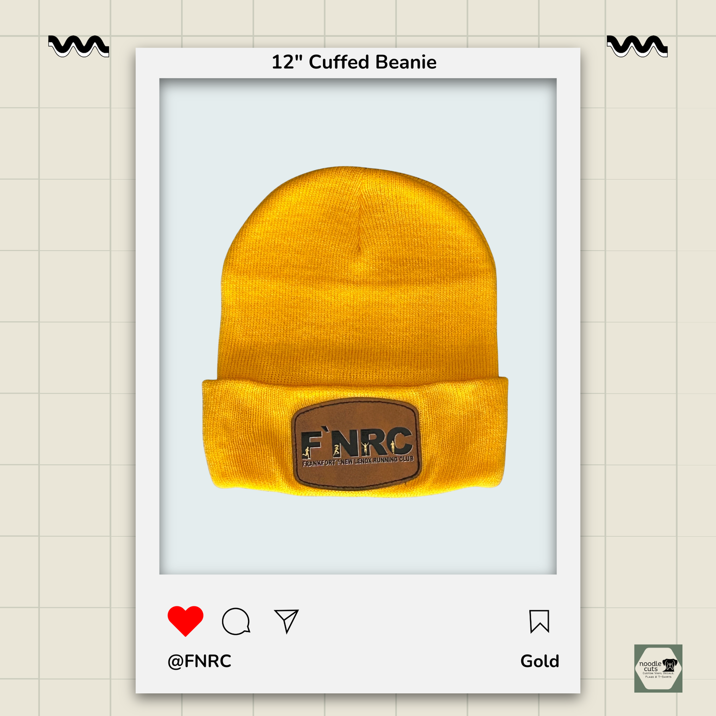 Sportsman 12" gold cuffed beanie with the FNRC Signature logo design in white and gold, framed by a product display border.