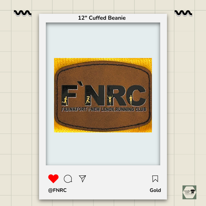 Close up view of the FNRC Signature Logo design in black and gold applied to a stitched brown leather cuff patch framed by a product display border.
