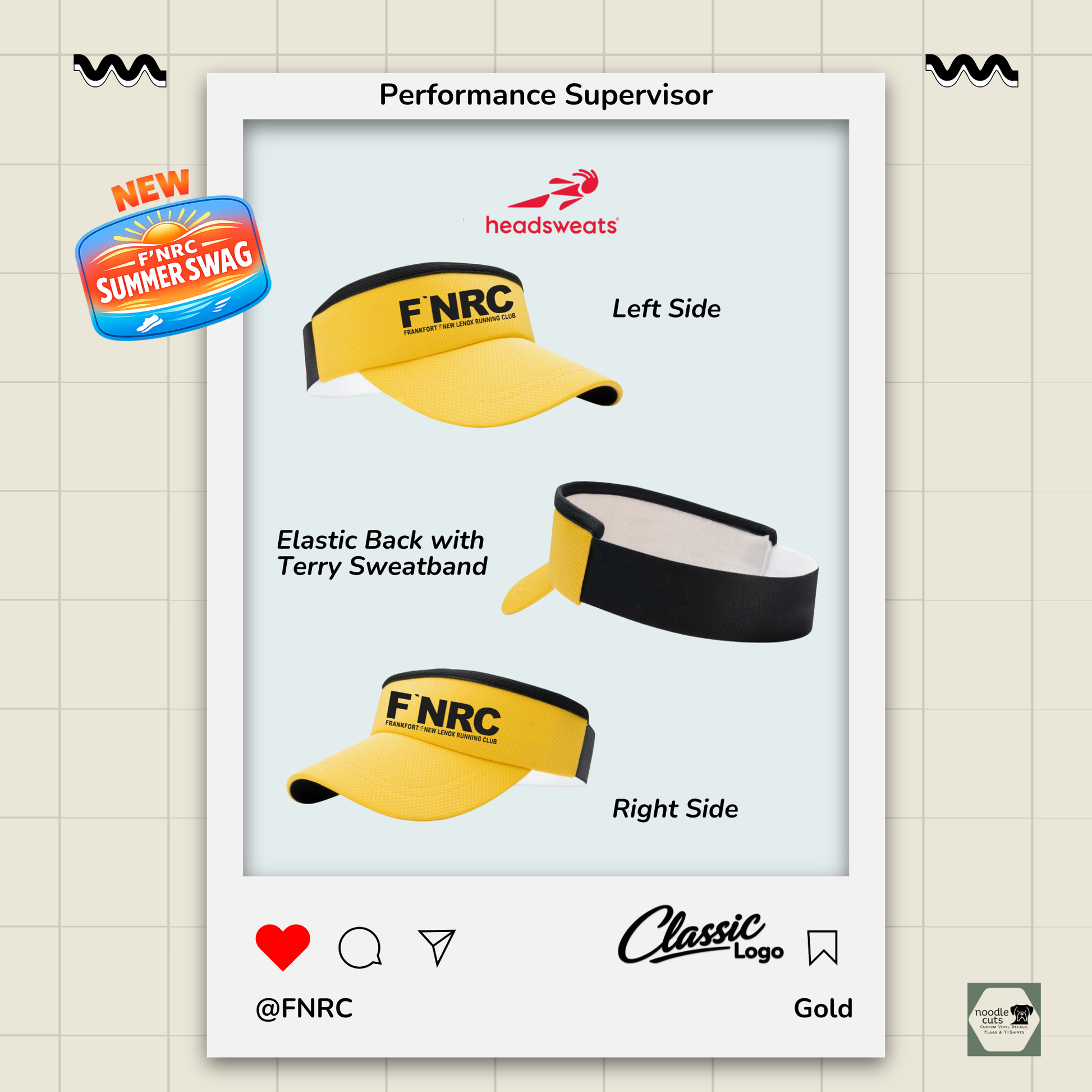 Left side, right side, and elastic back with terry sweatband view of the Headsweats Performance Supervisor 7703 in gold featuring the FNRC Classic logo