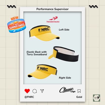 Left side, right side, and elastic back with terry sweatband view of the Headsweats Performance Supervisor 7703 in gold featuring the FNRC Classic logo