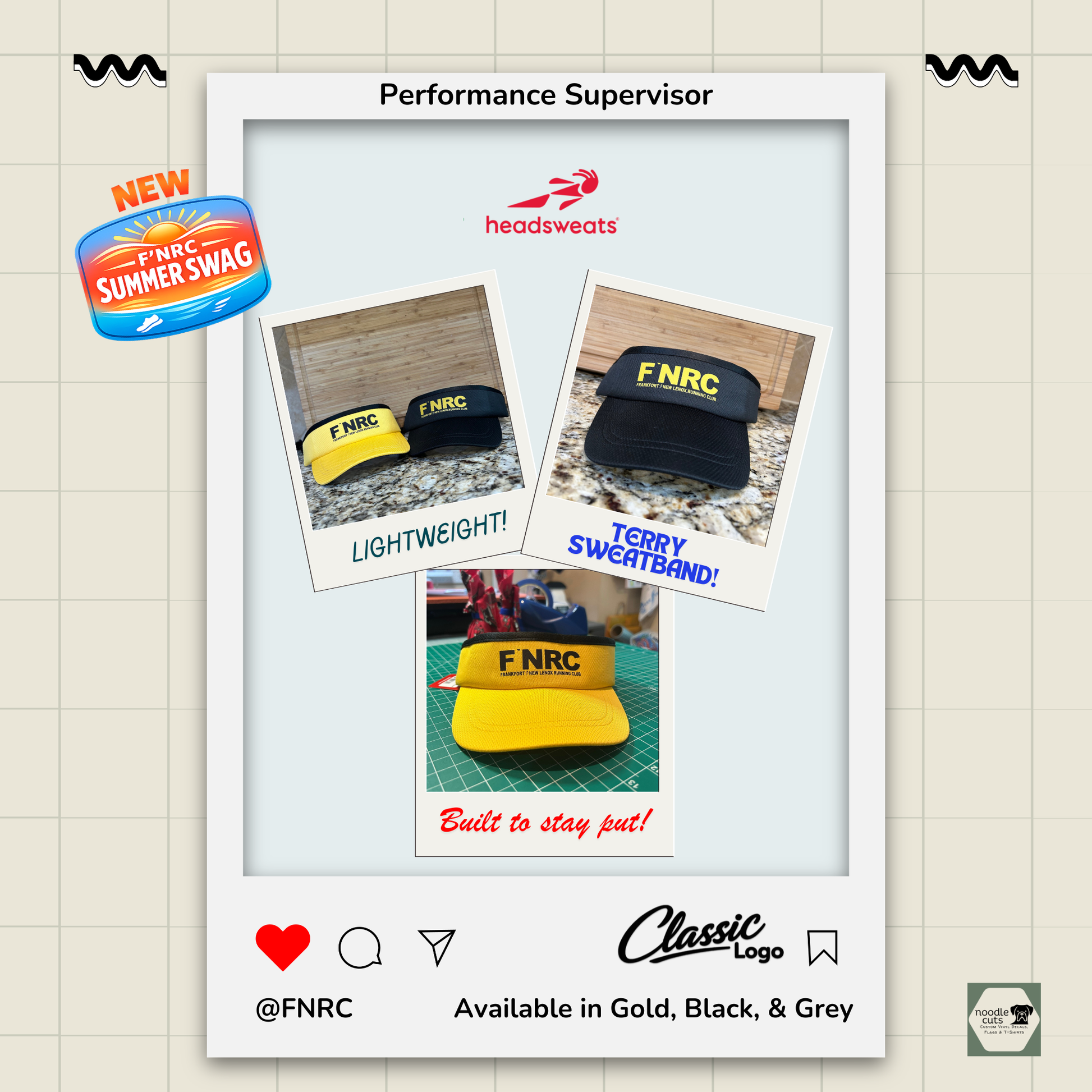A promotional collage for a FNRC visor, showing three polaroid-style photos of the HeadSweats Performance visor in yellow, black, and grey, along with text like 'Performance Supervisor', 'LIGHTWEIGHT!', 'TERRY SWEATBAND!', 'Built to stay just!', and 'Available in Gold, Black, & Grey'.