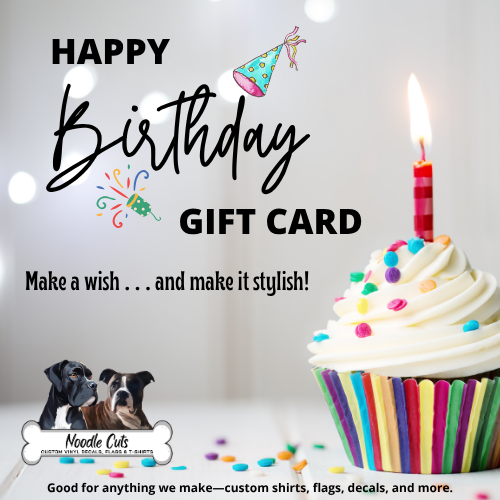 Noodle Cuts Happy Birthday gift card with a cupcake and birthday hat on a white background