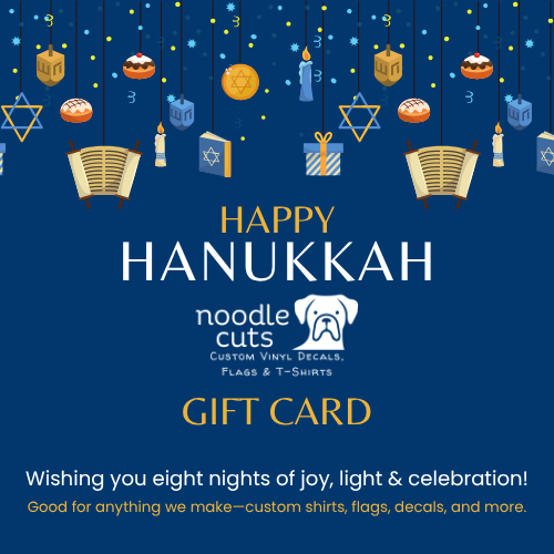 Noodle Cuts Happy Hanukkah gift card with decorative elements on a blue background
