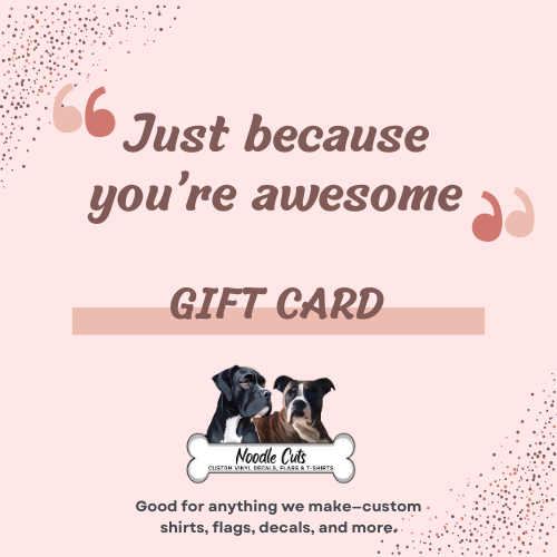 Noodle Cuts gift card with Harley & Leo, our mascots and text 'Just because you're awesome' on a pink background