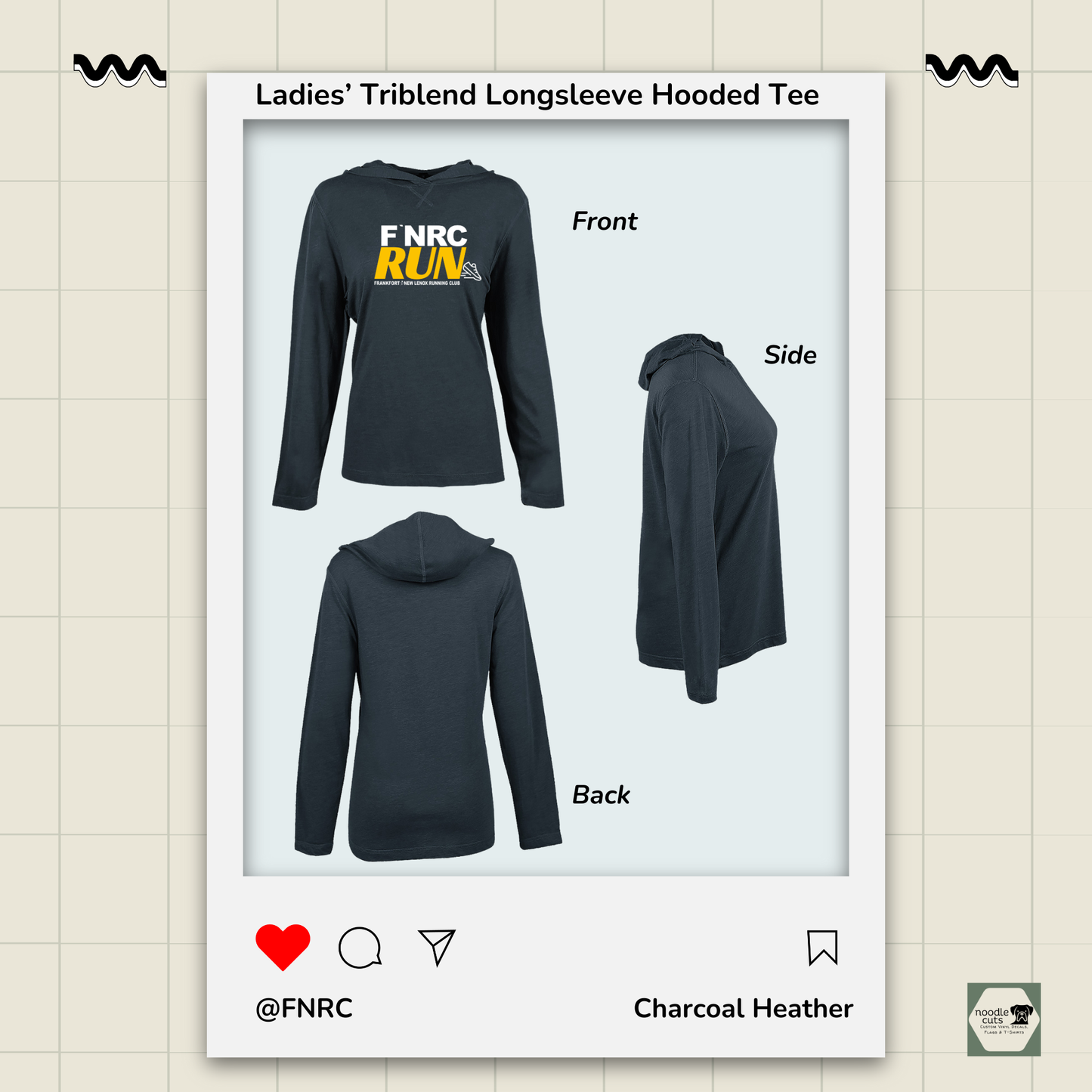 Front, side, and back views of the Primease charcoal heather Primease Long Sleeve Hooded Tee with the front featuring the ‘FNRC Run’ design.