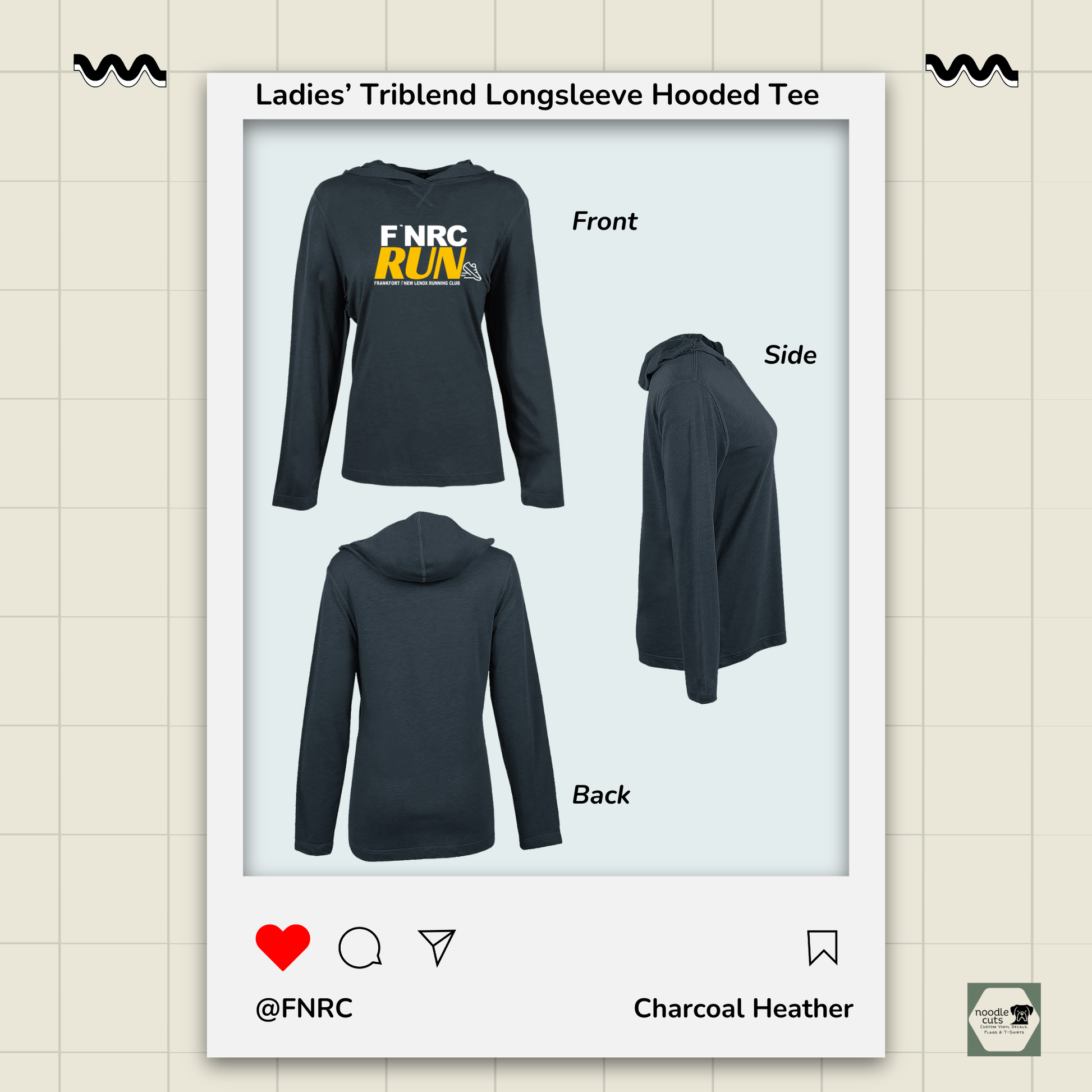 Front, side, and back views of the Primease charcoal heather Primease Long Sleeve Hooded Tee with the front featuring the ‘FNRC Run’ design.