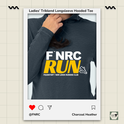 Close up view Primease charcoal heather Ladies’ Long Sleeve Hooded Tee with 'FNRC RUN' design, framed by a product display border.