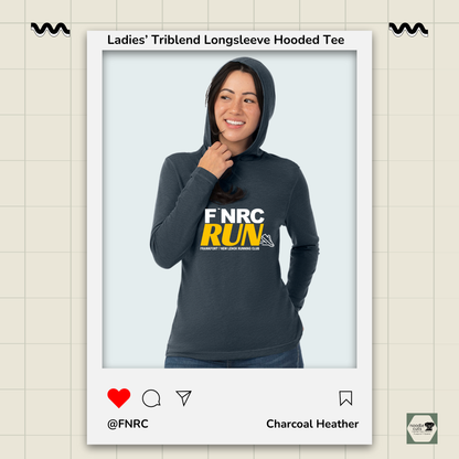 Woman wearing a Primease charcoal heather Ladies’ Long Sleeve Hooded Tee with 'FNRC RUN' design, framed by a product display border.