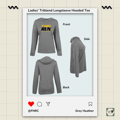 Front, side, and back views of the Primease grey heather Primease Long Sleeve Hooded Tee with the front featuring the ‘FNRC Run’ design.